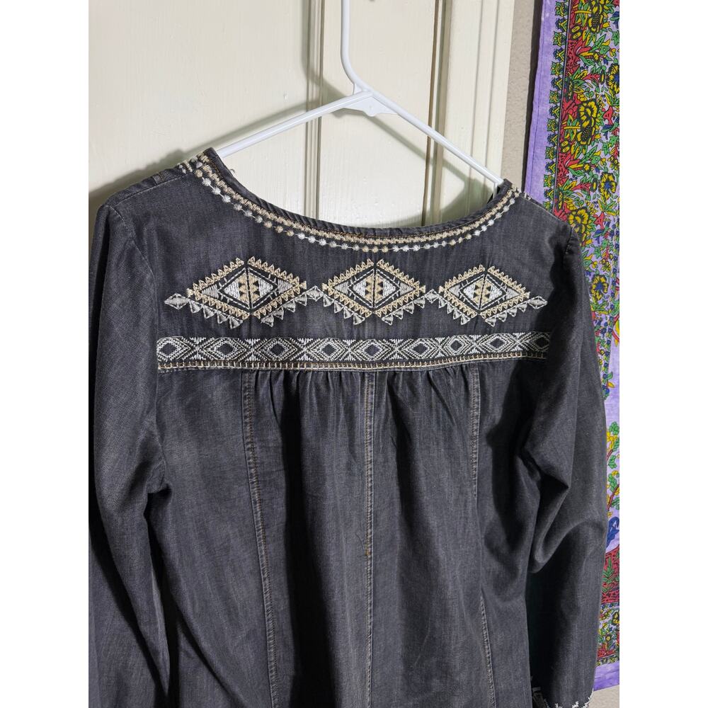Monoreno M Embroidered Tunic Top Gray Boho Western Southwestern Long Sleeve - Picture 9 of 9